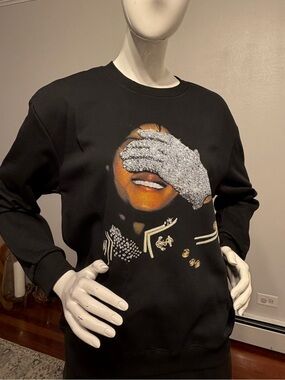 Embellished Black Crewneck Sweater with Graphic Hand Detail
